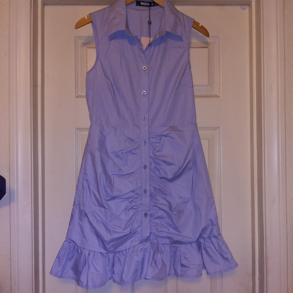 Blue Poplin Sleeveless Shirt Dress